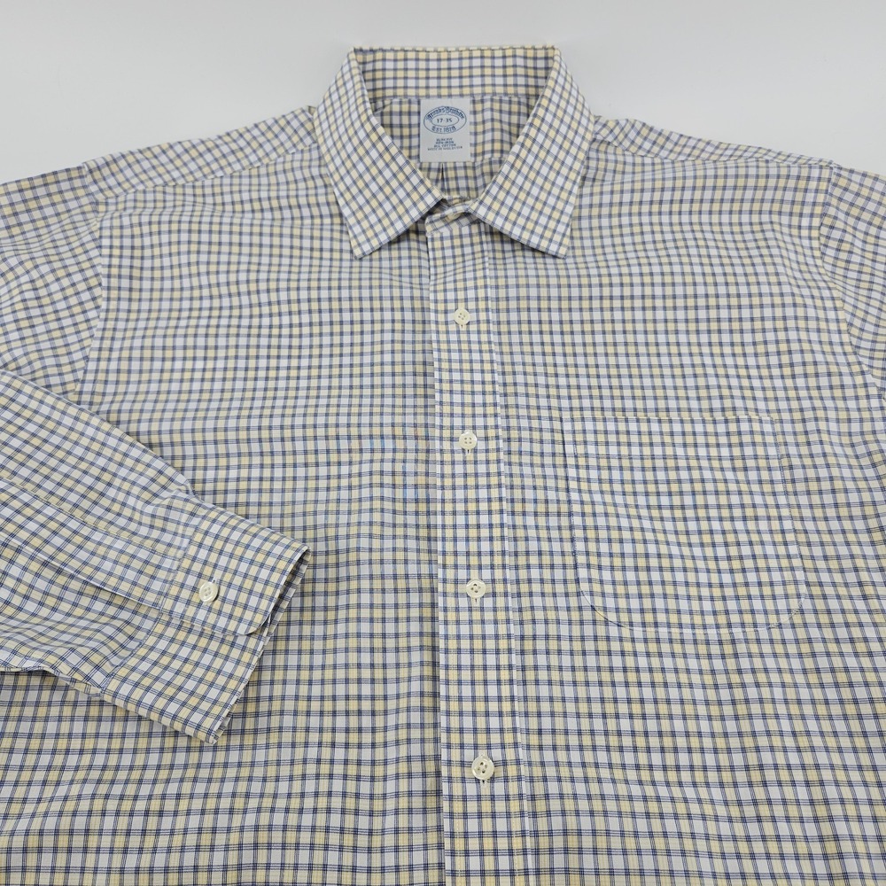Brooks‎ Brothers Mens 17 35 Slim Fit Non Iron Plaid Blue Yellow Cotton LS A68